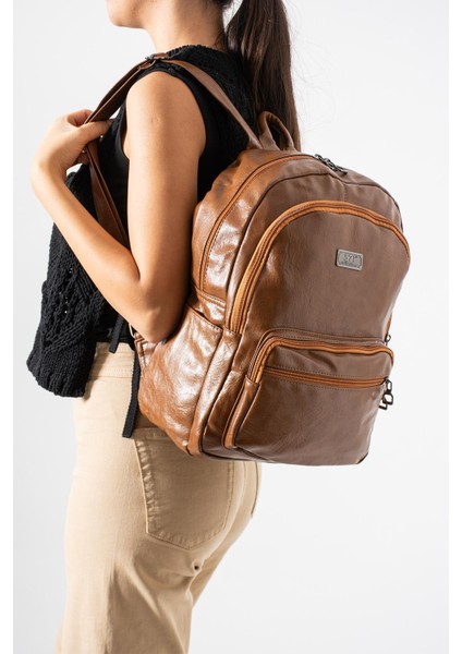 Suni Deri Yıkama Sırt çantası (Poliüretan) Taba MODEL:(571-14-16H)