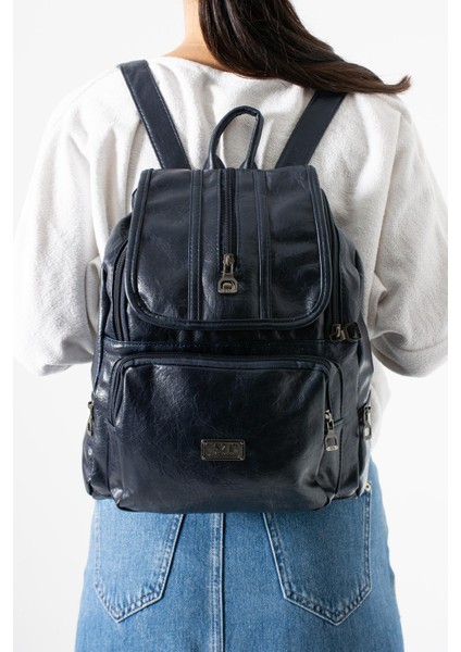 Suni Deri Yıkama Sırt çantası (Poliüretan) Lacivert MODEL:(571-14-16J)