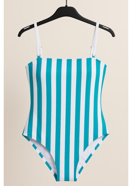 Kadın Turkuaz-Beyaz Çizgili Tek Parça Mayo – Şık ve Modern Tasarım 0015-1 modelleri