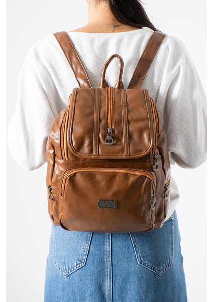 Suni Deri Yıkama Sırt çantası (Poliüretan) Taba MODEL:(571-14-16J)