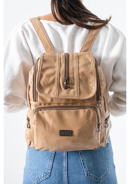 Suni Deri Yıkama Sırt çantası (Poliüretan) Bej MODEL:(571-14-16J)
