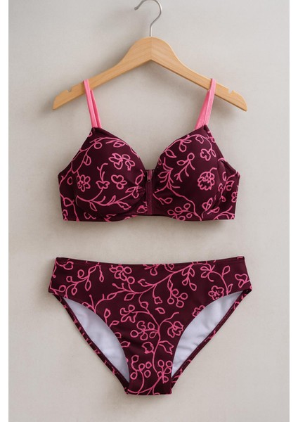 Bordo Çiçek Desenli Kadın Bikini Takımı – Destekli Üst, Şık Tasarım 1156 M fırsatları