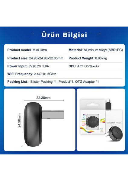 Mini Ultra 3 Kablosuz Carplay ve Android Auto Adaptörü – iPhone ve Android 11+ Destekli, Usb-A / Type-C Tak Çalıştır, Hızlı ve Stabil Bağlantı fiyatları
