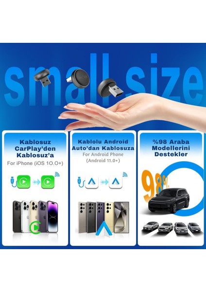 Mini Ultra 3 Kablosuz Carplay ve Android Auto Adaptörü – iPhone ve Android 11+ Destekli, Usb-A / Type-C Tak Çalıştır, Hızlı ve Stabil Bağlantı modelleri