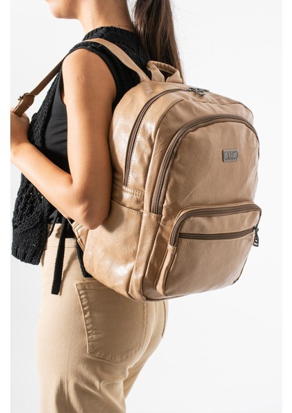 Suni Deri Yıkama Sırt çantası (Poliüretan) Bej MODEL:(571-14-16H)