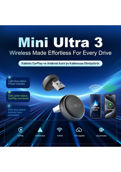 Mini Ultra 3 Kablosuz Carplay ve Android Auto Adaptörü – iPhone ve Android 11+ Destekli, Usb-A / Type-C Tak Çalıştır, Hızlı ve Stabil Bağlantı indirimleri