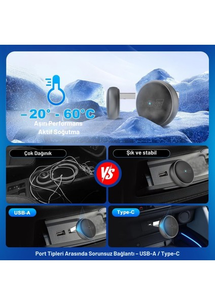 Mini Ultra 3 Kablosuz Carplay ve Android Auto Adaptörü – iPhone ve Android 11+ Destekli, Usb-A / Type-C Tak Çalıştır, Hızlı ve Stabil Bağlantı