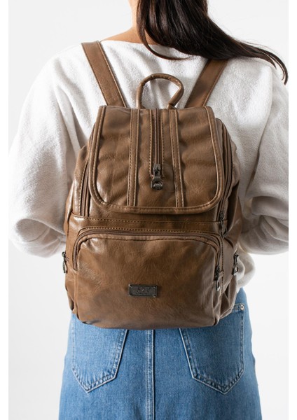 Suni Deri Yıkama Sırt çantası (Poliüretan) Vizon MODEL:(571-14-16J)