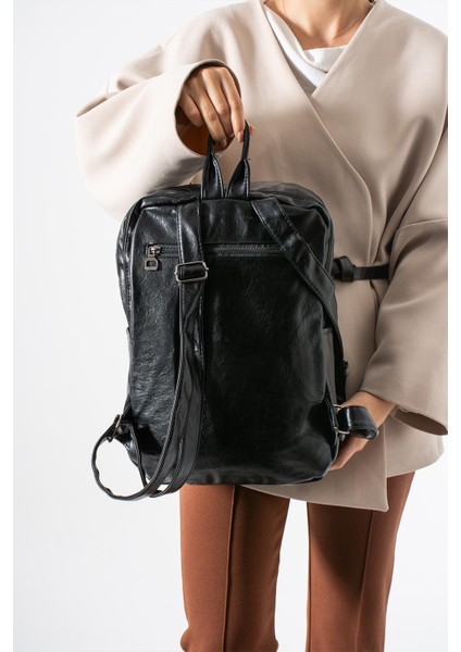 Suni Deri Yıkama Sırt çantası (Poliüretan) Siyah MODEL:(571-14-16G) fiyatları