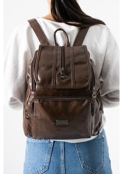 Suni Deri Yıkama Sırt çantası (Poliüretan) Kahverengi MODEL:(571-14-16J)