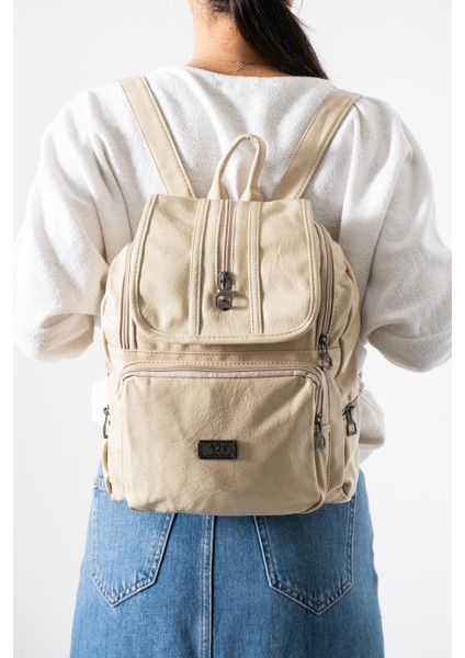 Suni Deri Yıkama Sırt çantası (Poliüretan) Krem MODEL:(571-14-16J)