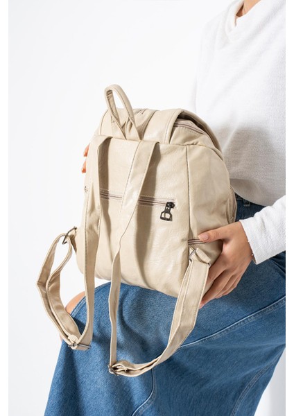 Suni Deri Yıkama Sırt çantası (Poliüretan) Krem MODEL:(571-14-16J) fiyatları