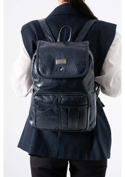 Suni Deri Yıkama Sırt çantası (Poliüretan) Lacivert MODEL:(571-14-16I)