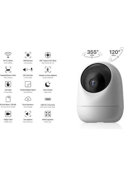 Akıllı İç Mekan Kamera 1080p Full HD Gece Görüşlü 3 MP Sesli Görüntülü Kamera ve 256GB Hafıza Kartı Seti fiyatları