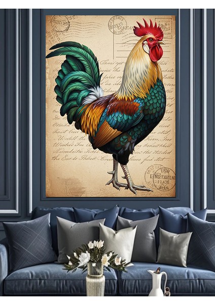Çizimli Horoz Renkli Dijital Dekoratif Kanvas - Mdf Ahşap Tablo