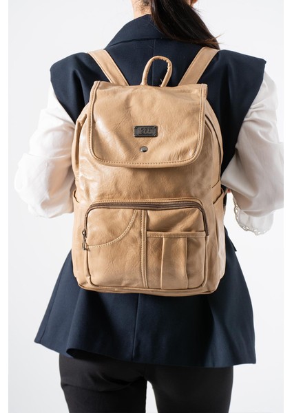 Suni Deri Yıkama Sırt çantası (Poliüretan) Bej MODEL:(571-14-16I)
