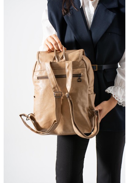 Suni Deri Yıkama Sırt çantası (Poliüretan) Bej MODEL:(571-14-16I) fiyatları