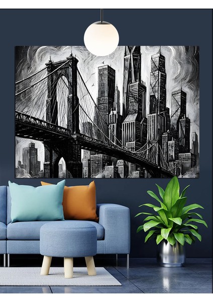 Brooklyn Köprüsü Siyah Beyaz Fotoğraf Dekoratif Kanvas - Mdf Ahşap Tablo