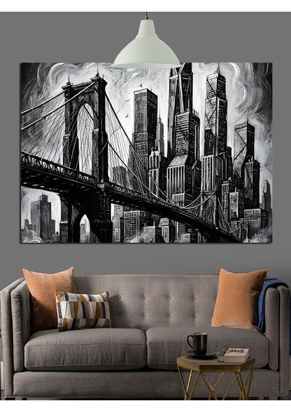Brooklyn Köprüsü Siyah Beyaz Fotoğraf Dekoratif Kanvas - Mdf Ahşap Tablo fırsatları