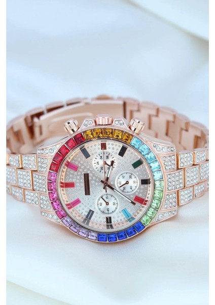 Clariss Trend Rose Metal Kordonlu Zirkon Taş Kaplama Renkli Taşlı Kasa Tasarımlı Lüx Kadın Kol Saati fiyatları