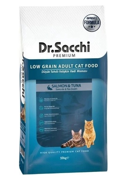 Dr.sacchi Premium Somonlu ve Ton Balıklı Düşük Tahıllı Yetişkin Kedi Maması 10 kg