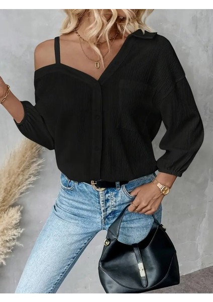 Kadın Tek Omuzdan Açık Askılı Uzun Kollu Yakalı Önden Düğmeli Gömlek