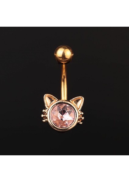 316 L Cerrahi Çelik Göbek Piercingi Kedi Detaylı Piercing Zirkon Taşlı Kedi Piercing