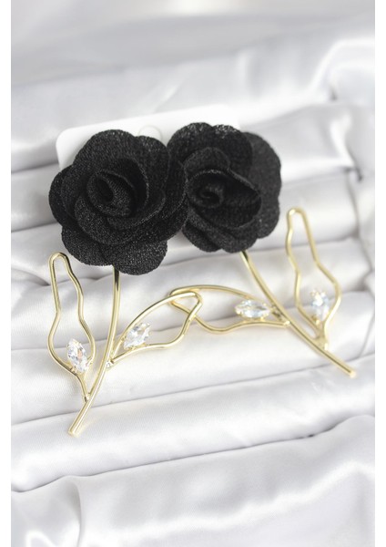 Erb Pirinç Gold Renk Siyah Gül Model Kadın Küpe