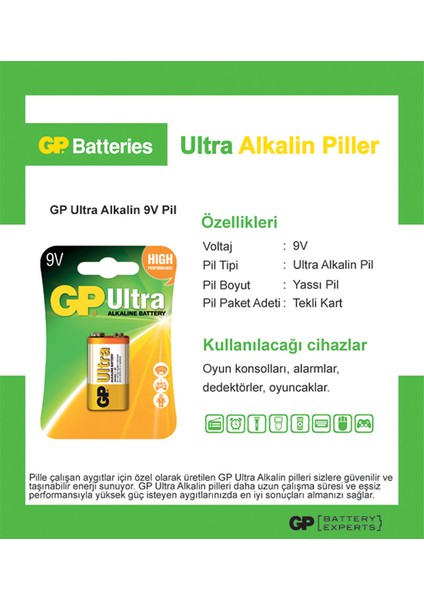 Ultra Alkalin Tekli 9V Kare Pil GP1604AU fırsatları