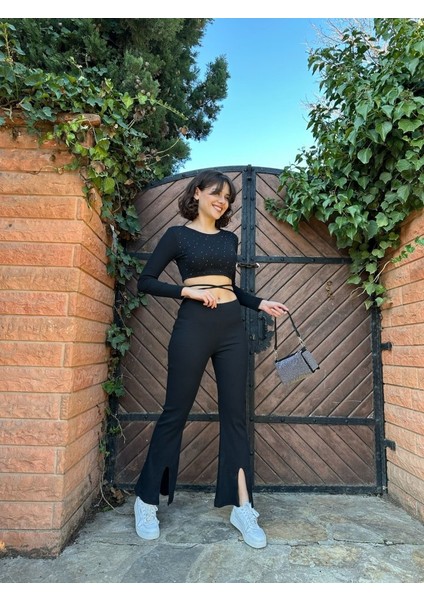 Kadın Paçası Yırtmaç Detaylı Taşlı Bel Bağlamalı Kaşkorse Ikili Takım