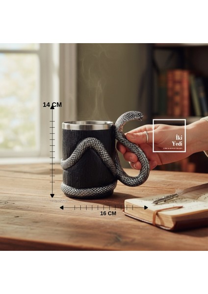 Massett Yılan Figürlü Paslanmaz Çelik Kupa Bardak Siyah Dokulu Büyük Boy Bardak Ofis Hediyesi Retro