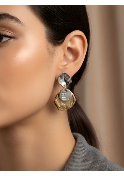 Gold ve Gümüş Renk Iki Parçalı Kadın Küpe | Asimetrik Form Sallantılı Küpe