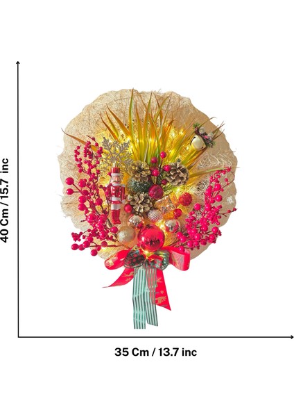 Işıklı Yılbaşı Kapı ve Duvar Süsü – Çam Kozalaklı, Kurdele Detaylı Kırmızı Altın Noel Dekoru