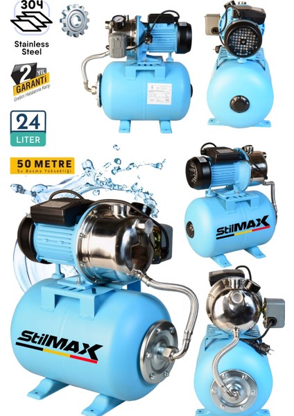 Metal Dişli Sistem Otomatik Paket Hidrofor 24LT Tank + 1.5hp Paslanmaz Bakır Sargılı Jet Motor Seti