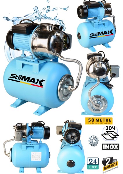 Metal Dişli Sistem Otomatik Paket Hidrofor 24LT Tank + 1.5hp Paslanmaz Bakır Sargılı Jet Motor Seti fiyatları