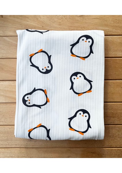 Naturel Penguen Desenli Pamuklu 80×90 cm Çift Kat Penye Bebek Battaniye