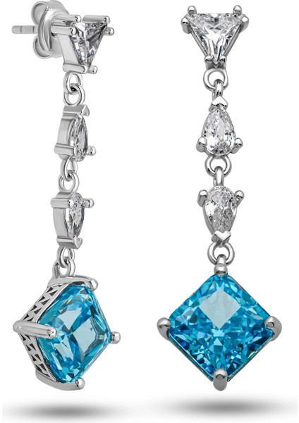 Gümüş Ice Cut Mavi Zirkon Taşlı Işıltılı Kadın Küpe