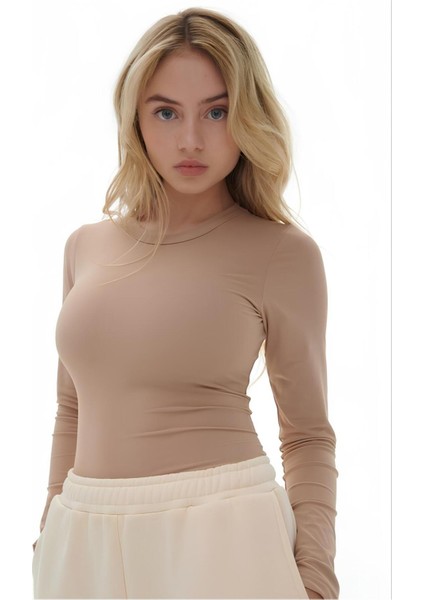 Kadın %100 Pamuklu Bisiklet Yaka Örme Düz Uzun Kol Bluz