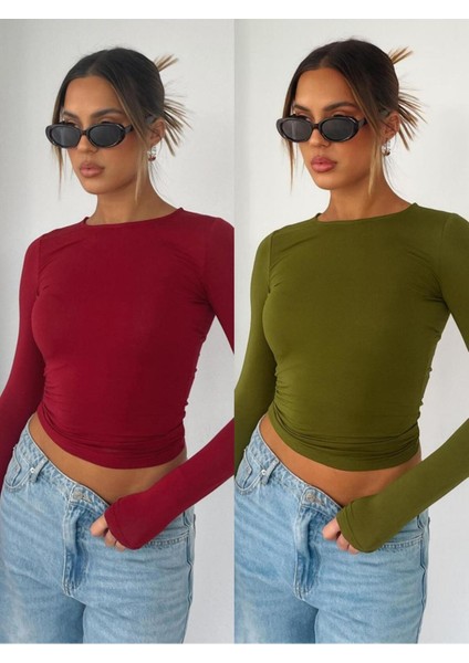 Bisiklet Yaka 2 Li Adet Basic Düz Kumaş Uzun Kollu Likralı Bluz