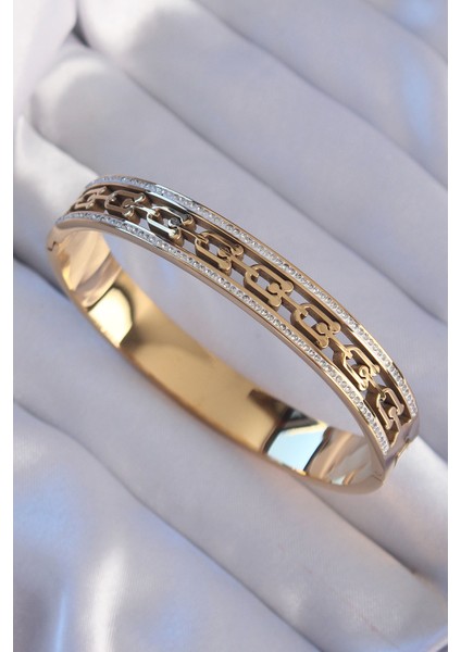 316L Çelik Gold Renk Zirkon Taşlı Tiffany Model Kelepçe - TJ-BB6188