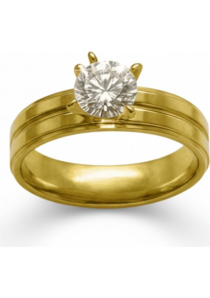 Altın Renk Zirkon Taşlı V Tasarım 316L Kalite Paslanmaz Çelik Kadın Tektaş Yüzük - 12 Ölçü