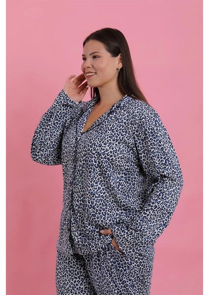 Moda Kadın Büyük Beden Mavi Leopar Desenli Düğmeli Pijama Takımı fiyatları