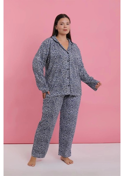 Moda Kadın Büyük Beden Mavi Leopar Desenli Düğmeli Pijama Takımı indirimleri