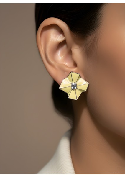 Sarı Taş Detaylı Geometrik Gümüş Vip Küpe | Trend Küpe | Zarif Kadın Küpe