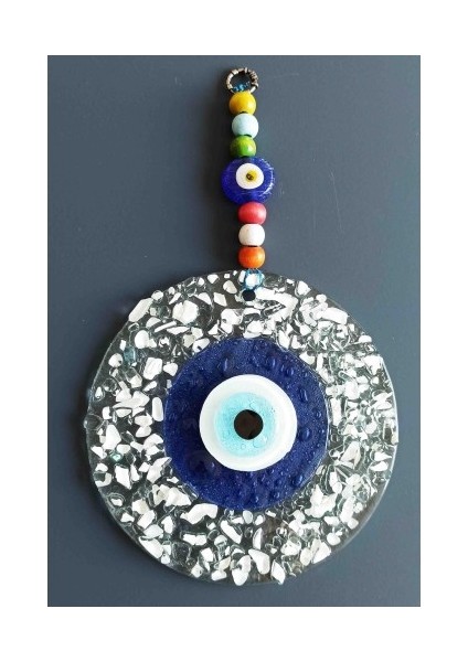 Nazar Boncuklu Beyaz Kesme Cam Desenli Duvar Süsü Nazarlık