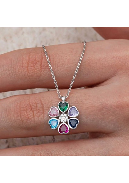 Hk Gümüş Kadın Kolye Renkli Kalpli Çiçek |Gümüş Takı Hediyelik Ürünler