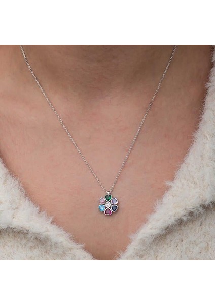Hk Gümüş Kadın Kolye Renkli Kalpli Çiçek |Gümüş Takı Hediyelik Ürünler indirimleri