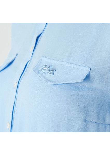 Kadın Uzun Kollu Gömlek Yaka Mavi Elbise modelleri