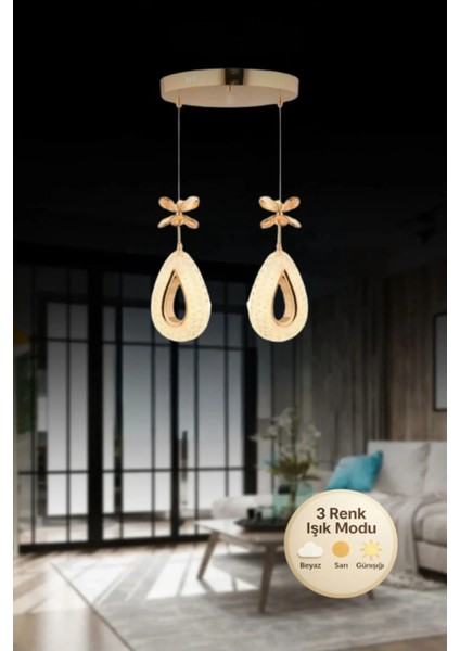 Damla Model 2'li Gold 3 Renk Modu Ledli Kristal Taşlı Modern Salon Mutfak Oturma Odası LED Avize