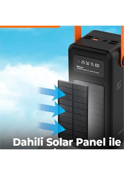 Polygold PW-2080 80000 Mah Solar Powerbank | Dahili 4 Kablolu Hızlı Şarj Cihazı | LED Işıklı Dijital Ekranlı Taşınabilir modelleri
